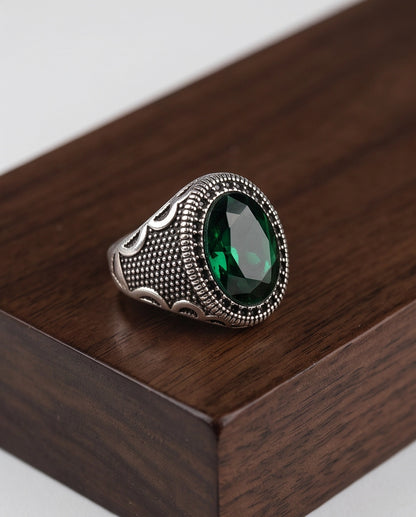 Emerald Gemstone Double Beaded Frame Scroll Silver Ring