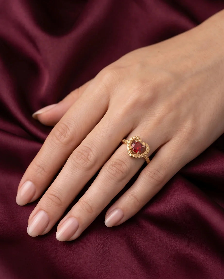 Vintage Gold Ruby Granulated Heart Ring