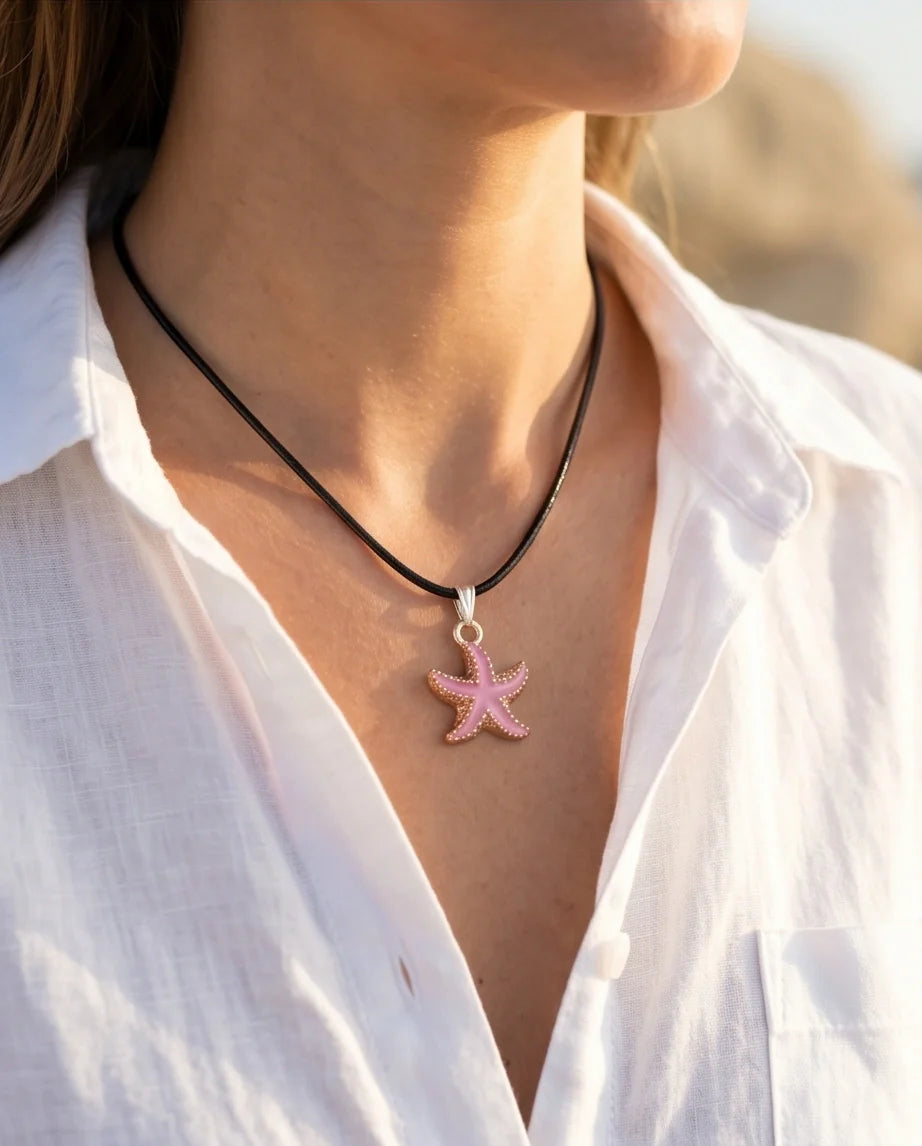 Pink Starfish Enamel Pendant Necklace with Elegant Gift Box