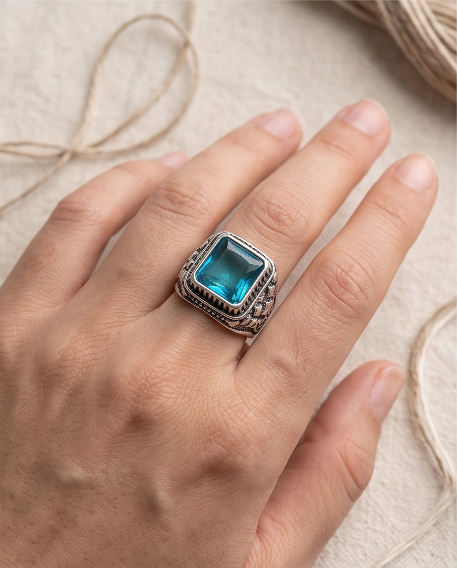 Radiant Cyan Princess-Cut Gemstone Ornate Bezel Silver Ring