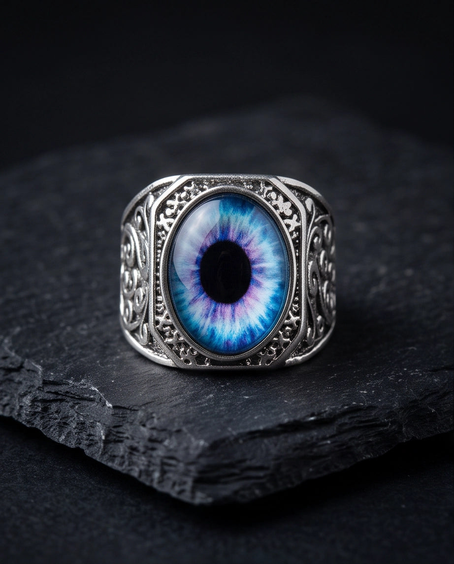 Nebula Blue-Purple Evil Eye Cabochon Gothic Filigree Silver Ring