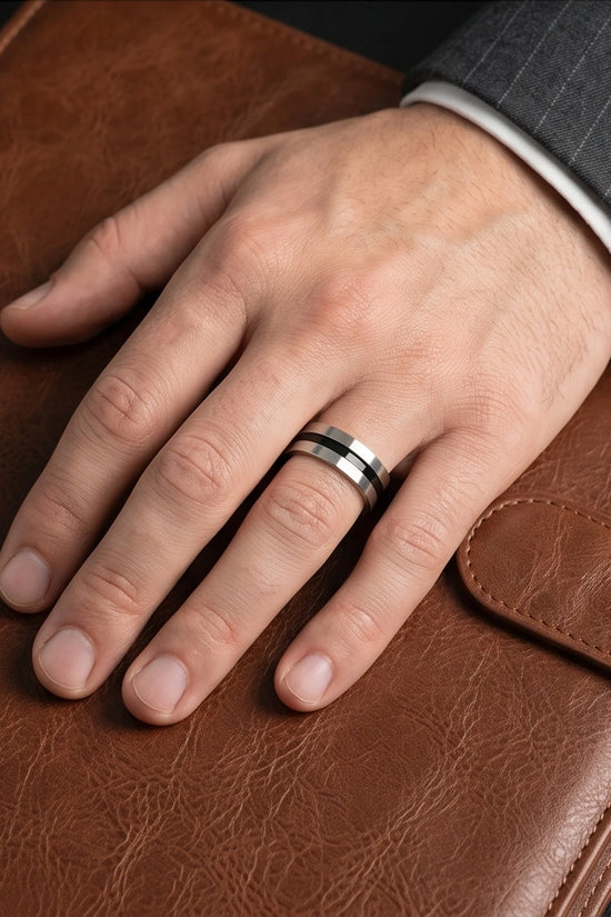 Minimalist Dual-Tone Silver and Black Band Ring