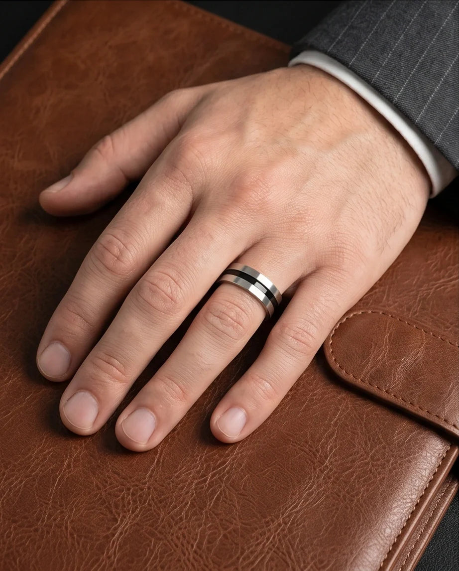 Minimalist Dual-Tone Silver and Black Band Ring