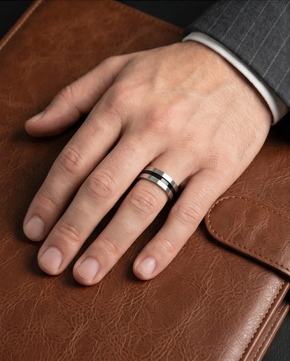 Minimalist Dual-Tone Silver and Black Band Ring