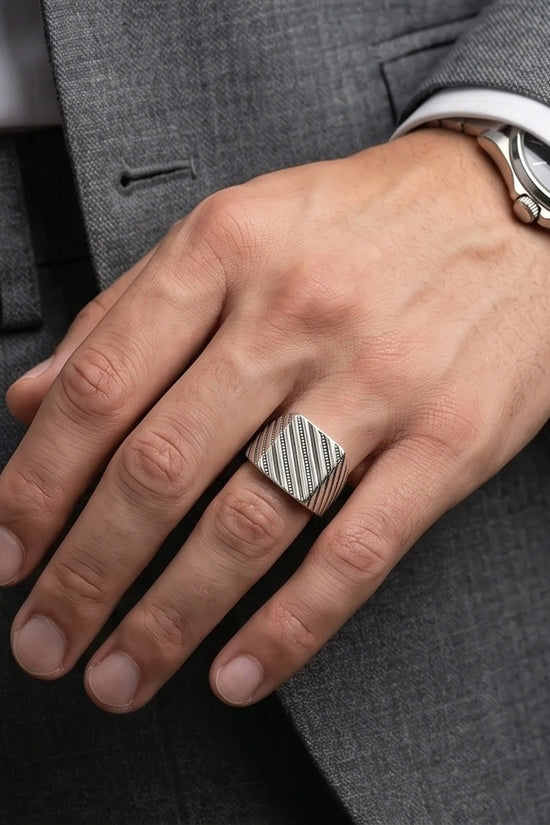 Sterling Silver Diagonal Pinstripe Geometric Signet Ring