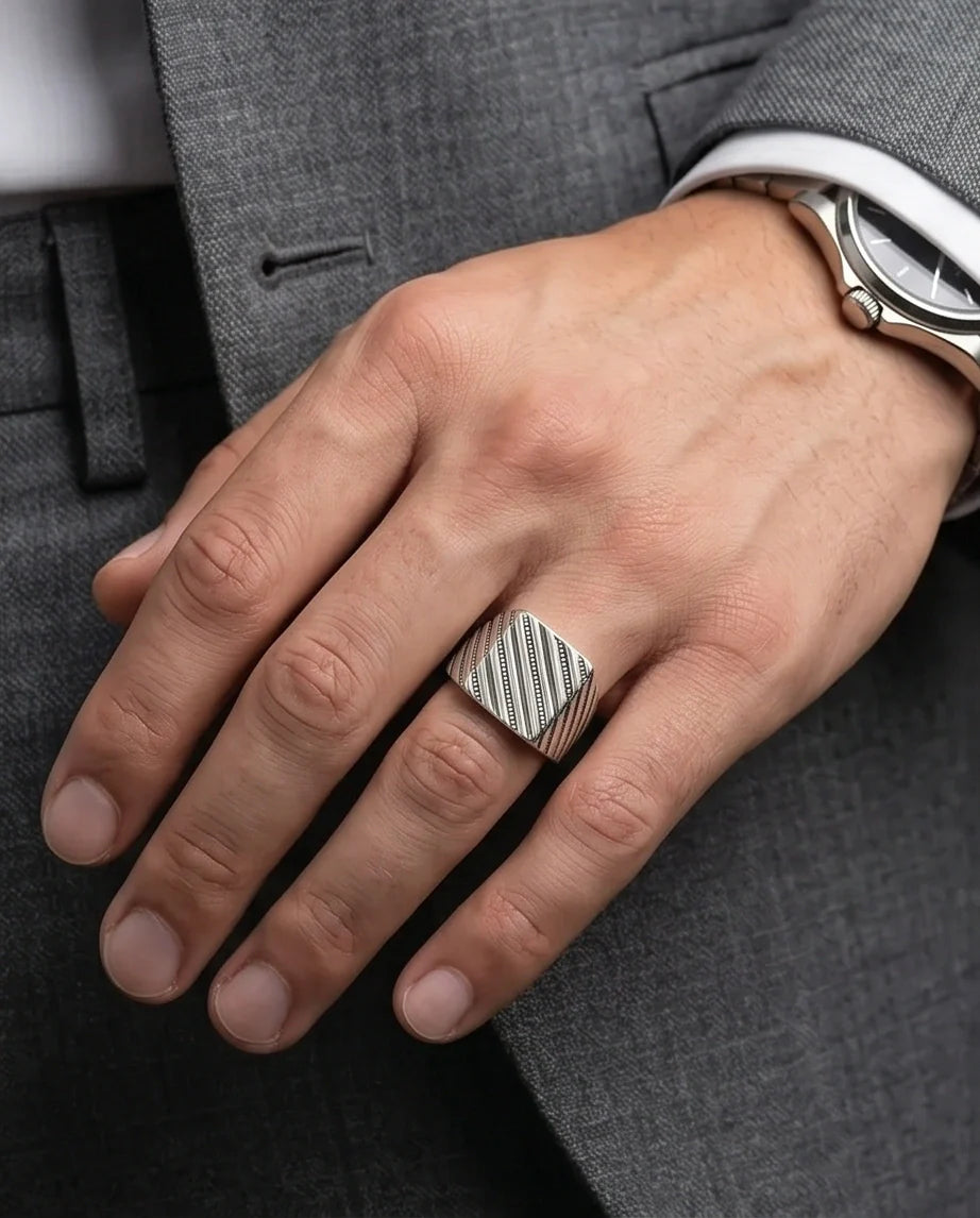 Sterling Silver Diagonal Pinstripe Geometric Signet Ring