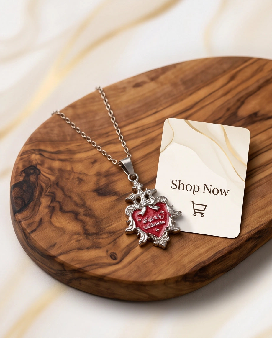 Silver Vintage Heart Engraved Red Enamel Pendant Necklace