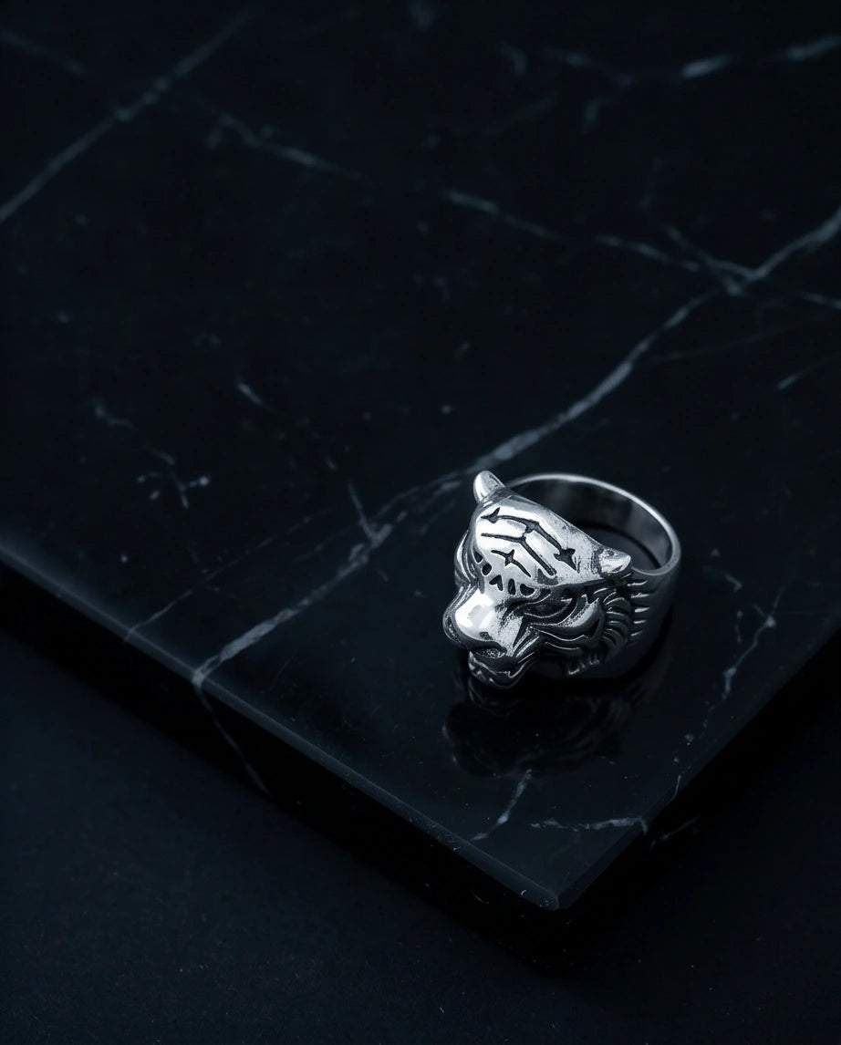 Vintage Silver Oxidized Roaring Tiger Head Statement Ring