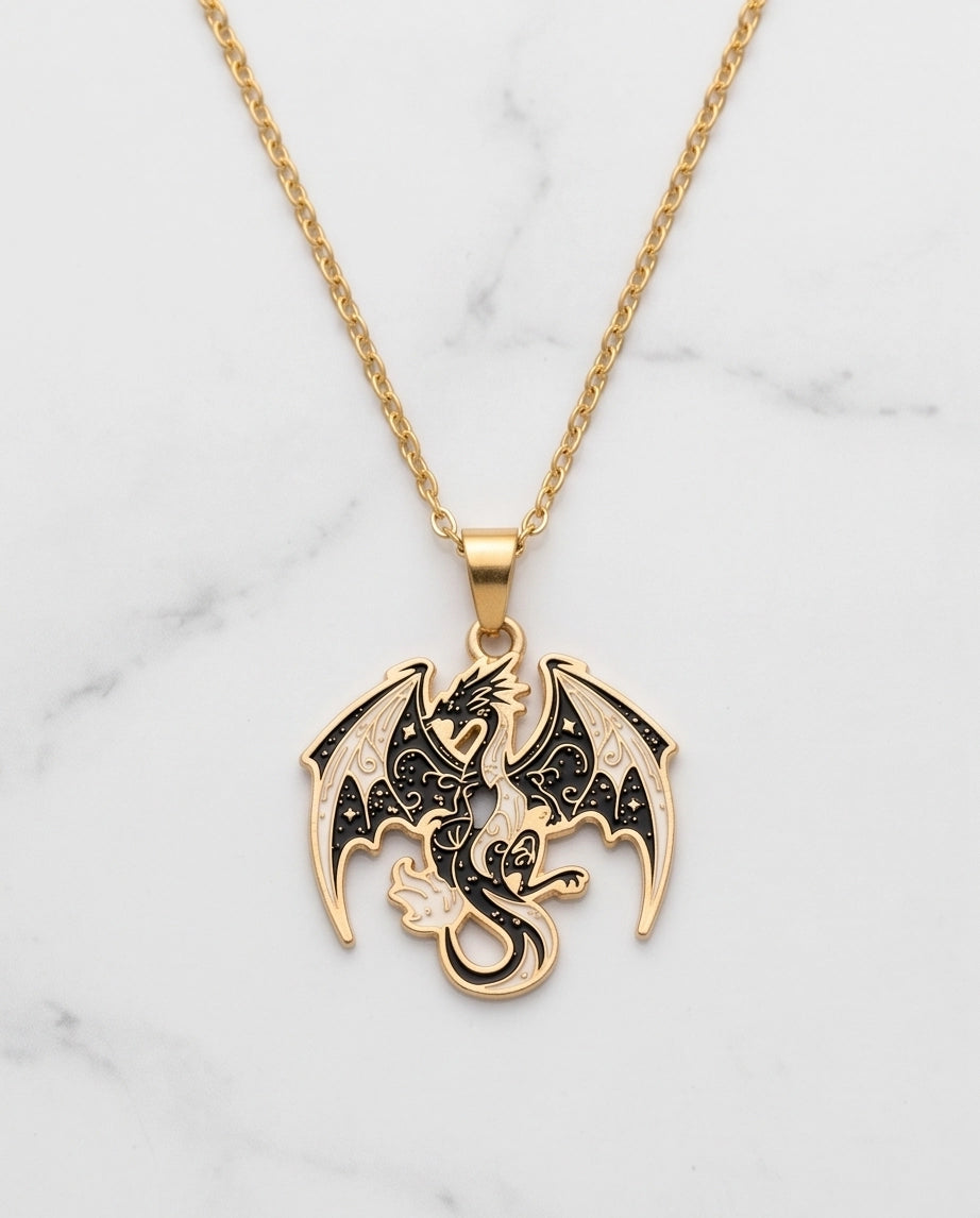 Gold Celestial Dragon Black & White Enamel Pendant Necklace
