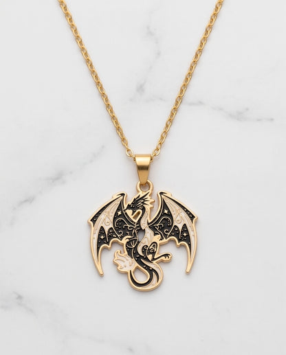 Gold Celestial Dragon Black & White Enamel Pendant Necklace
