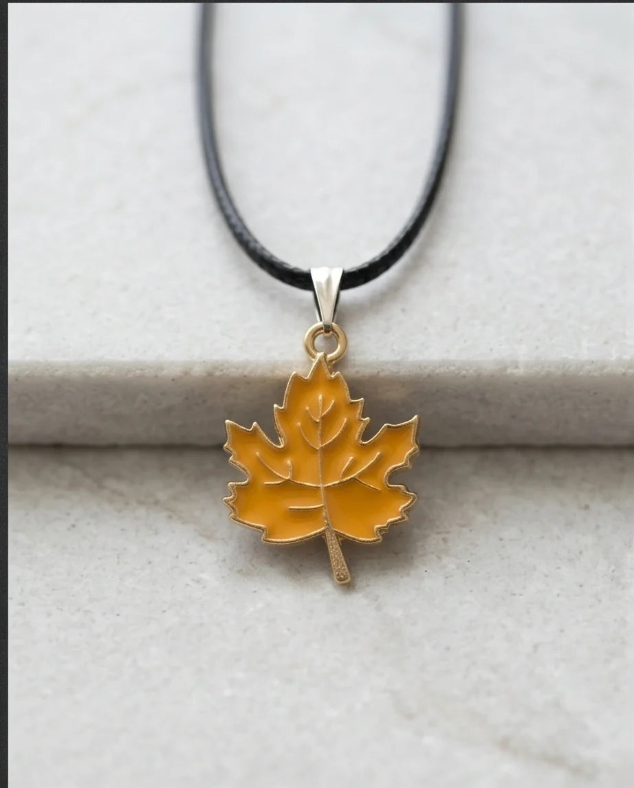 Golden Autumn Maple Leaf Enamel Pendant Necklace