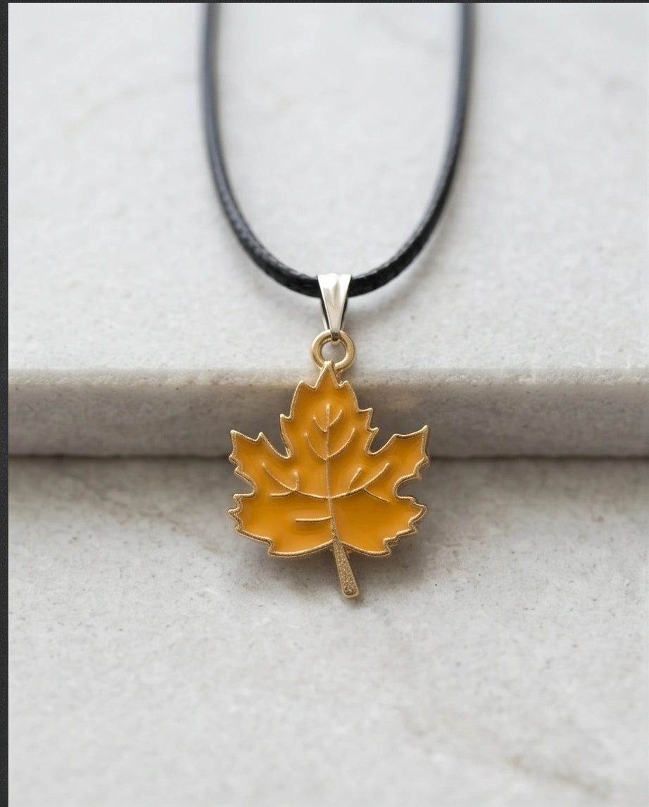Golden Autumn Maple Leaf Enamel Pendant Necklace