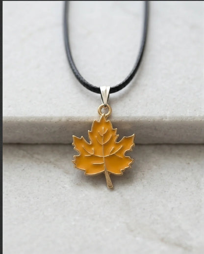 Golden Autumn Maple Leaf Enamel Pendant Necklace