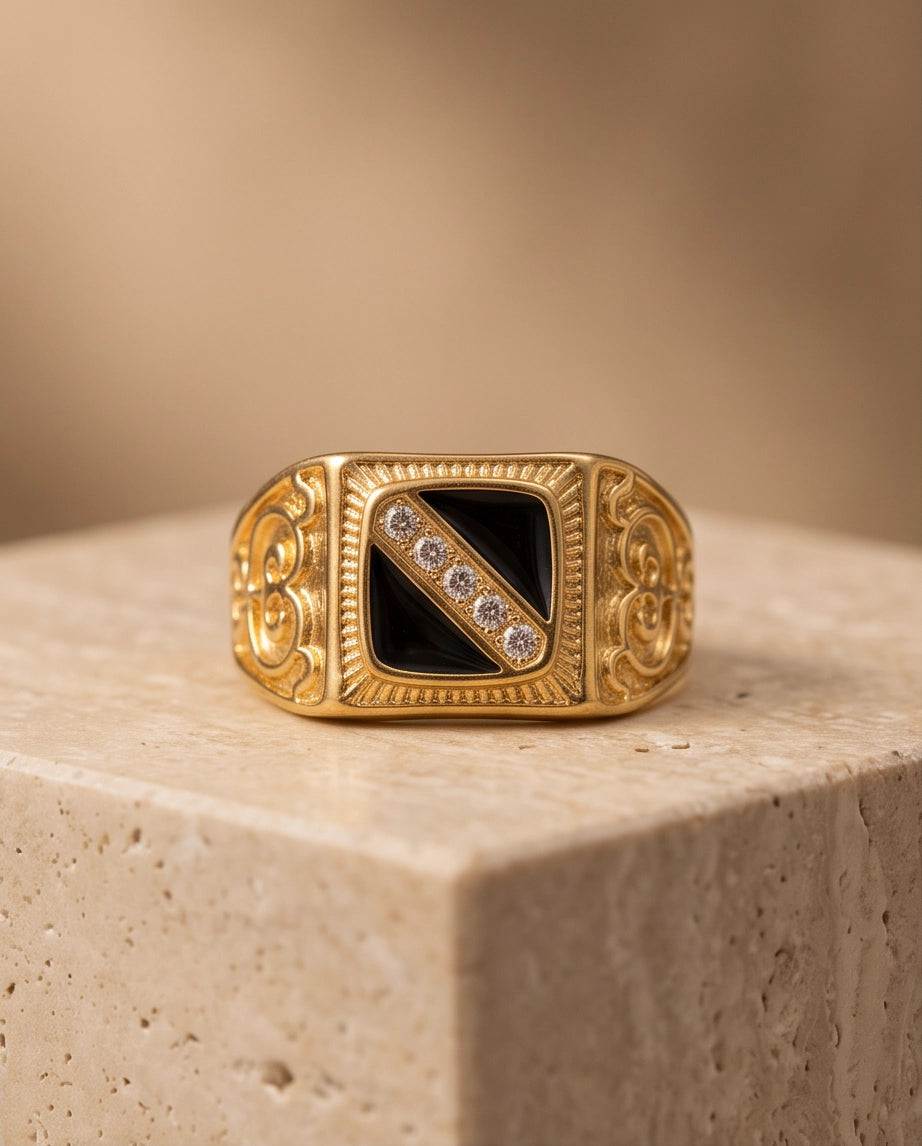 Onyx-Inlay Channel Pavé Diagonal Striped Filigree Gold Ring