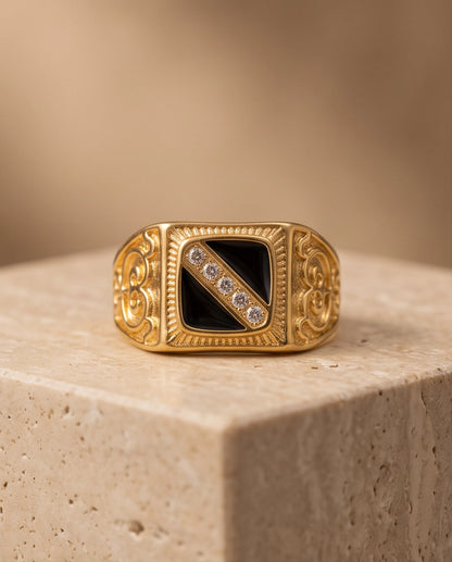Onyx-Inlay Channel Pavé Diagonal Striped Filigree Gold Ring