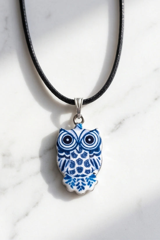 Artistic Blue Porcelain Owl Totem Pendant Necklace