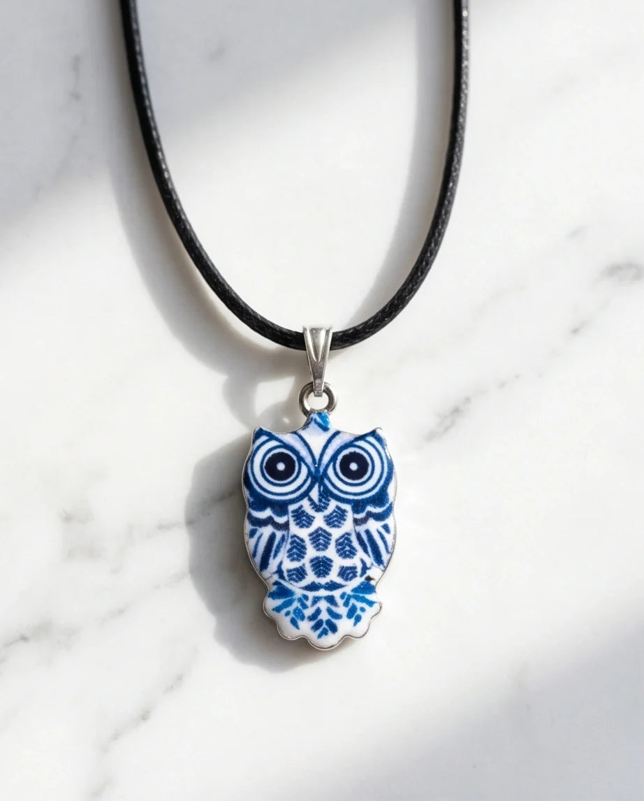 Artistic Blue Porcelain Owl Totem Pendant Necklace