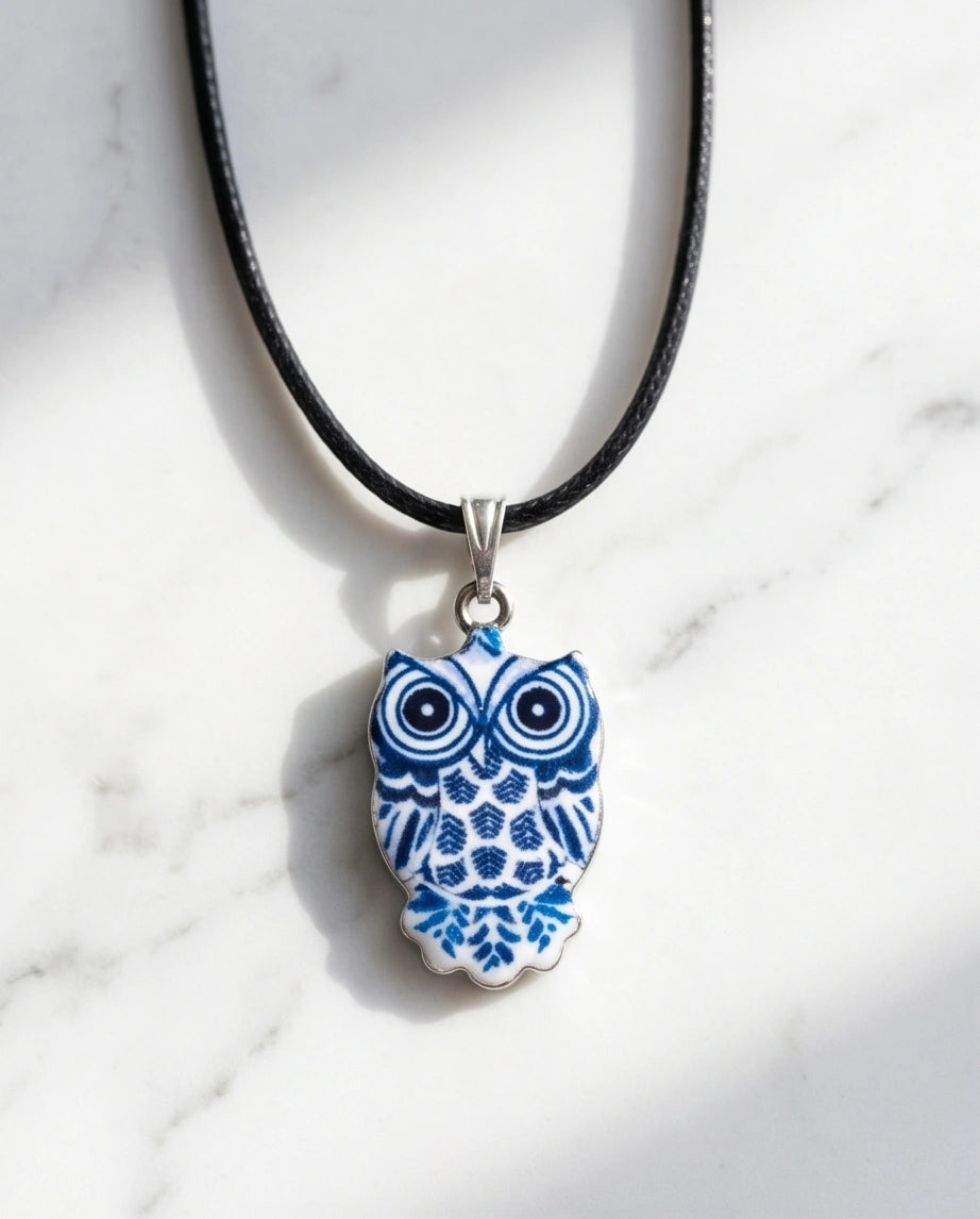 Artistic Blue Porcelain Owl Totem Pendant Necklace