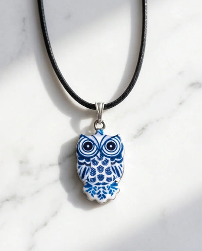 Artistic Blue Porcelain Owl Totem Pendant Necklace