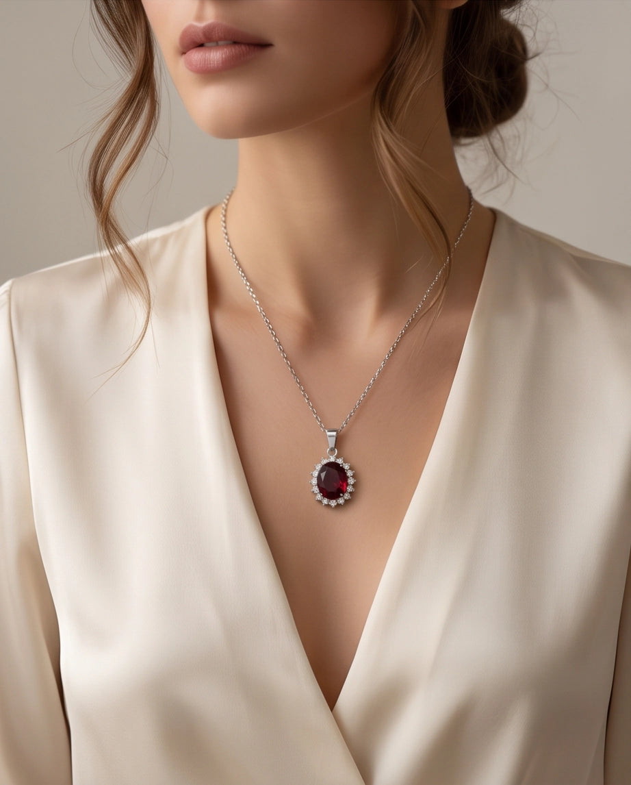 Silver Ruby Red Oval Halo Medallion Pendant Necklace