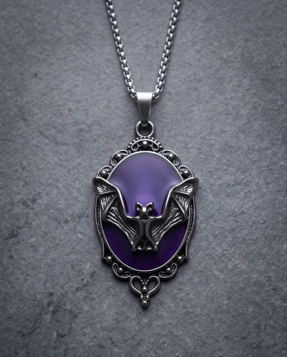 Antique Silver Gothic Bat Purple Enamel Medallion Chain Necklace