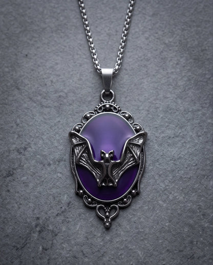 Antique Silver Gothic Bat Purple Enamel Medallion Chain Necklace
