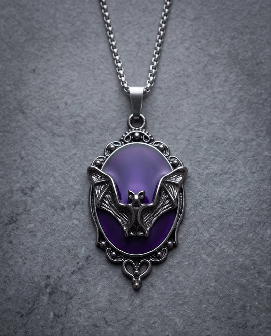 Antique Silver Gothic Bat Purple Enamel Medallion Chain Necklace