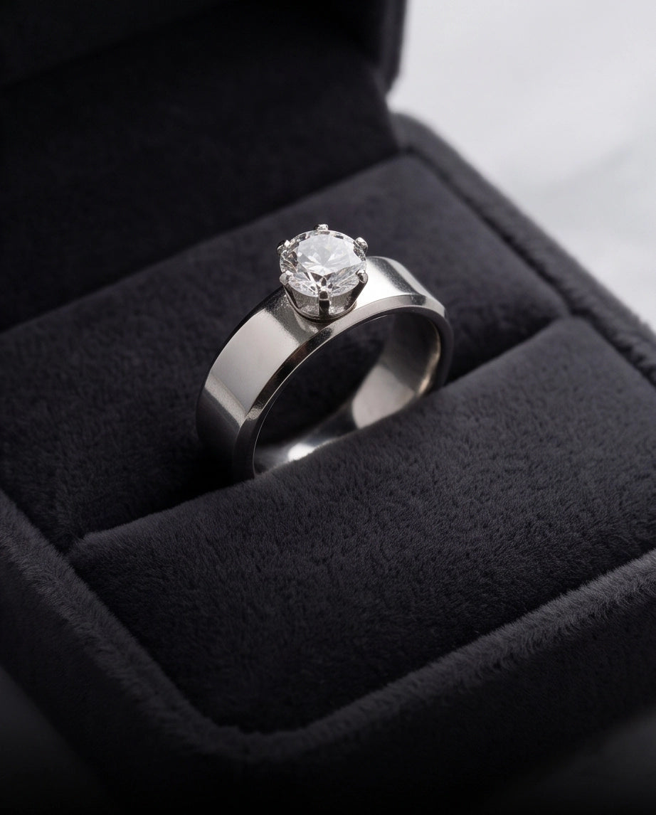 Silver Round Gemstone Crown Solitaire Ring