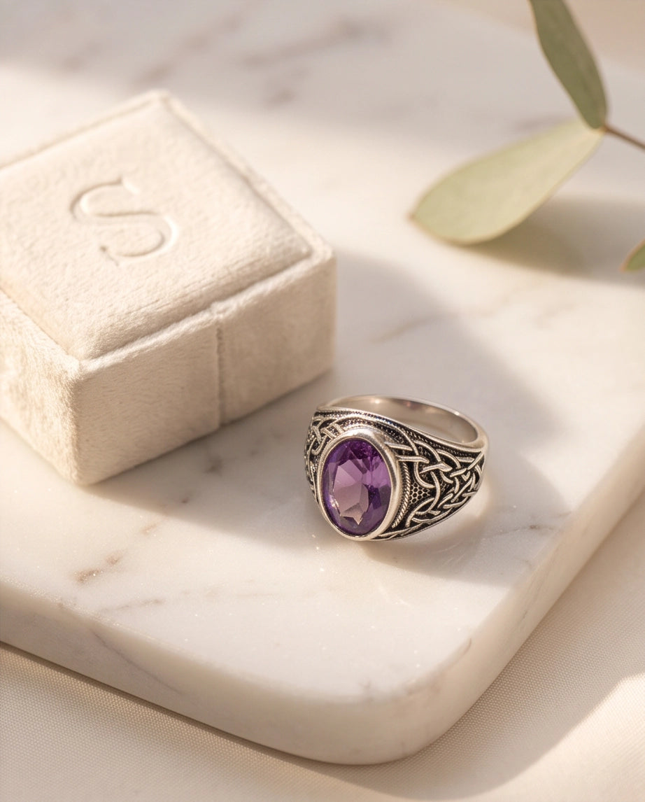 Amethyst Purple Oval-Cut Gemstone Celtic Knot Silver Ring