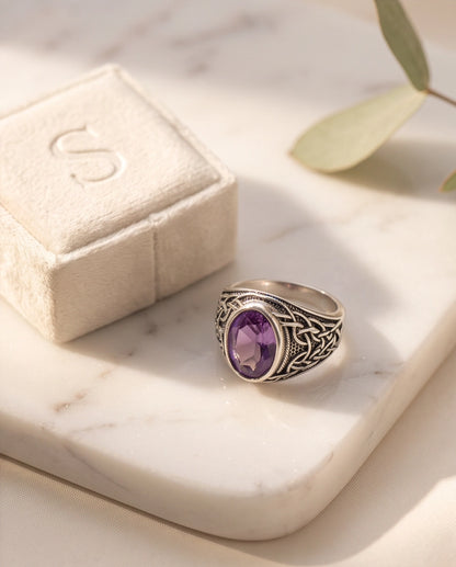 Amethyst Purple Oval-Cut Gemstone Celtic Knot Silver Ring