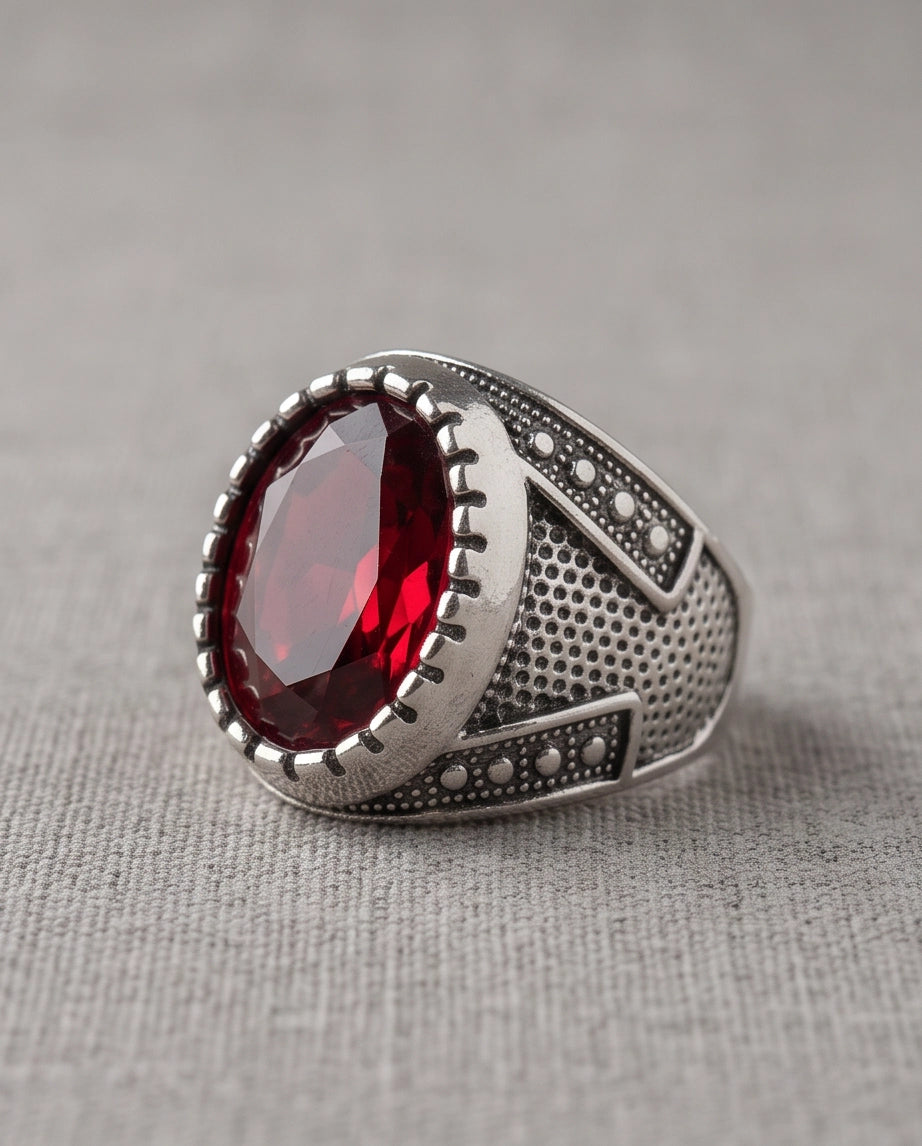 Ruby Gemstone Notched Bezel Stippled Silver Ring