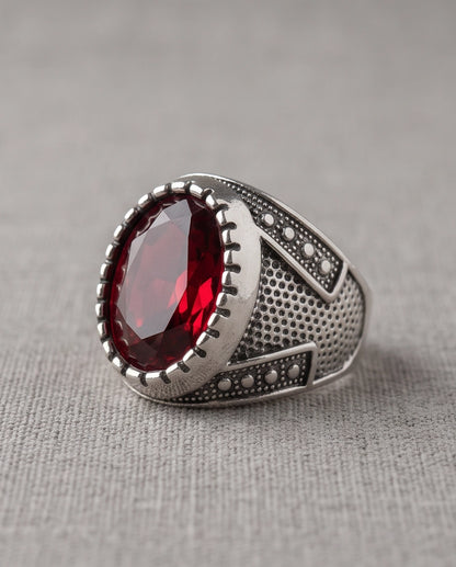 Ruby Gemstone Notched Bezel Stippled Silver Ring
