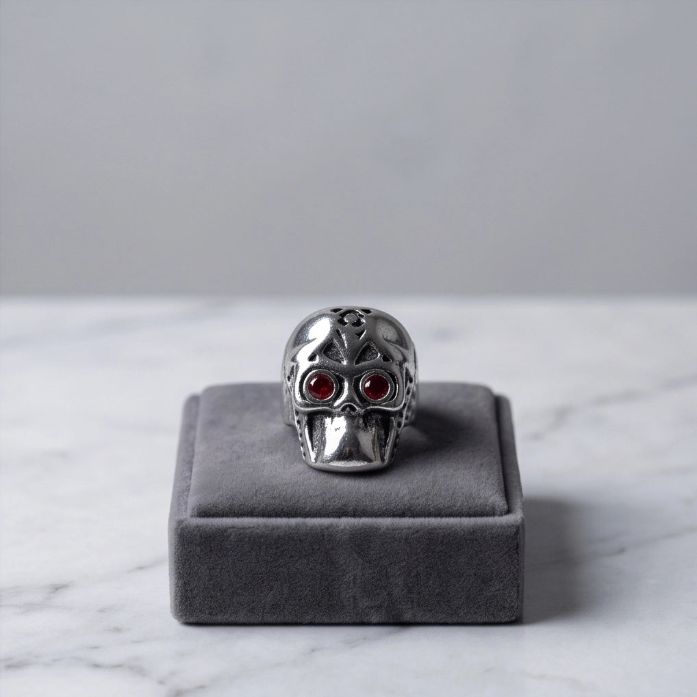 Ruby-Eyed Mechanical Mask Skull Ring