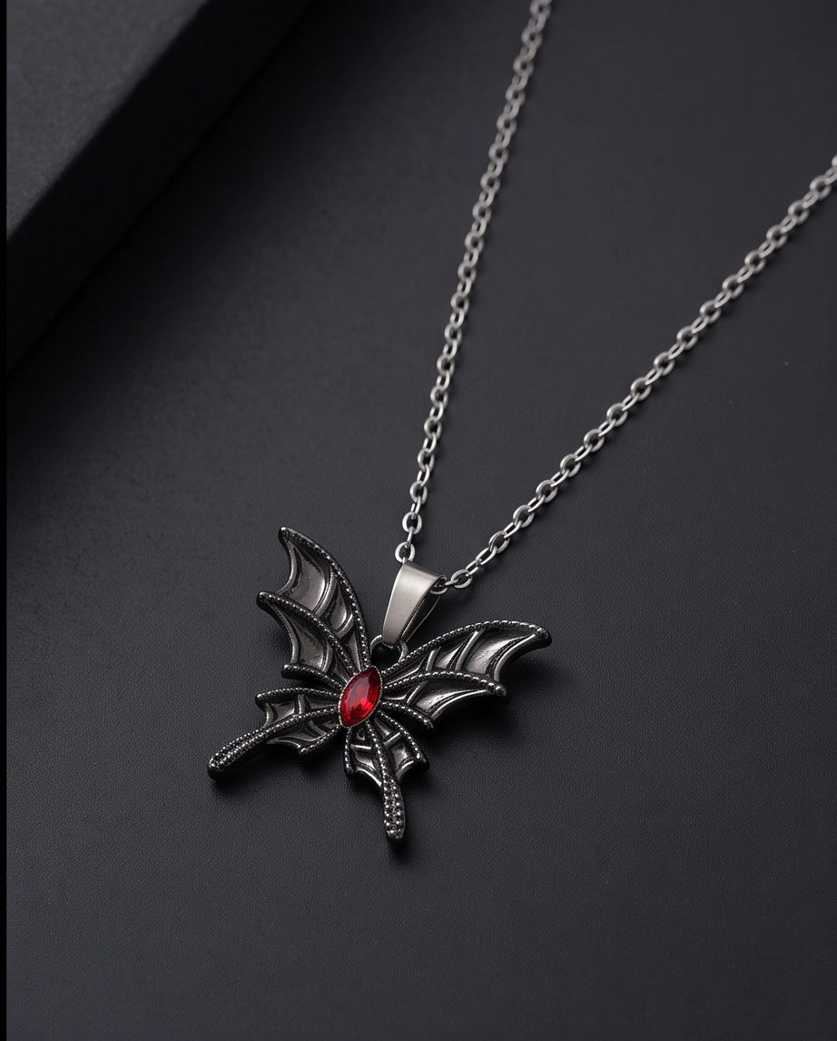 Black Bat-Wing Butterfly Red Gem Pendant Necklace