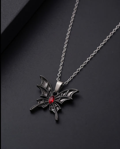 Black Bat-Wing Butterfly Red Gem Pendant Necklace