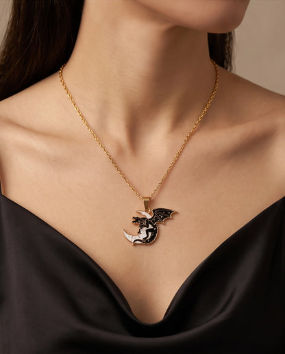 Gold Celestial Dragon White Crescent Moon Enamel Pendant Necklace