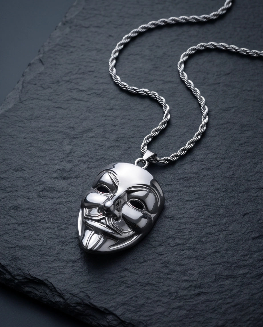 Silver Guy Fawkes Mask Rope Chain Necklace