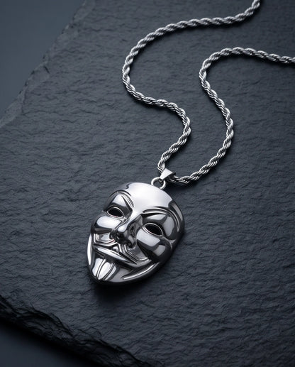 Silver Guy Fawkes Mask Rope Chain Necklace