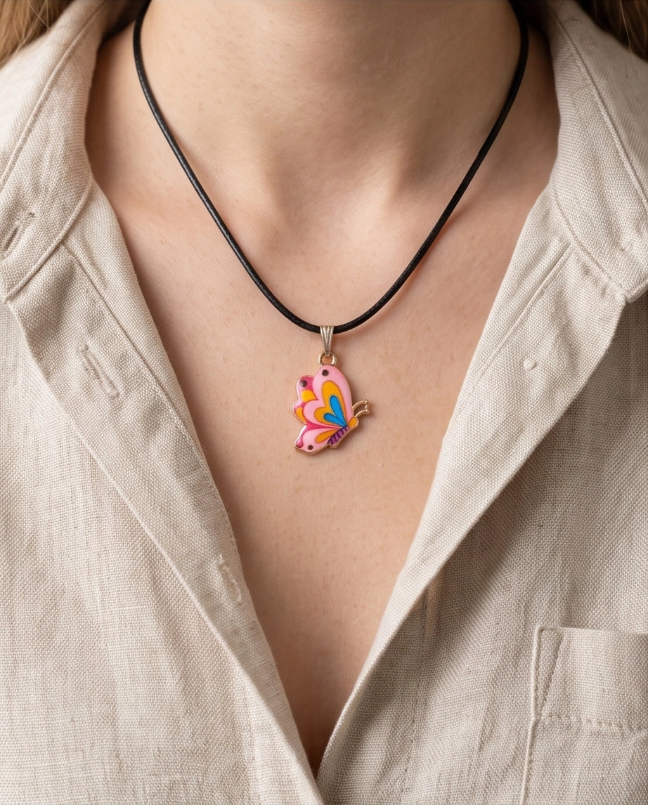 Pastel Pink & Multicolor Butterfly Cord Necklace