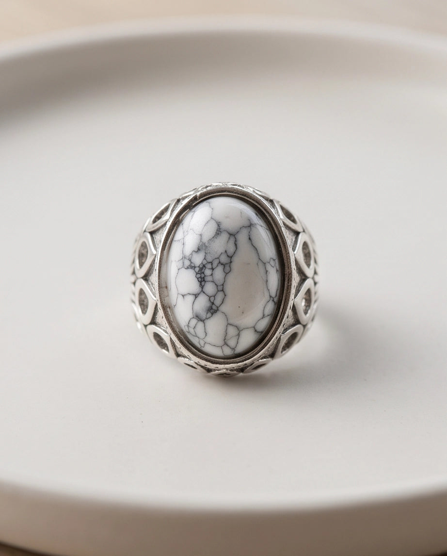 Howlite Cabochon Filigree Silver Ring