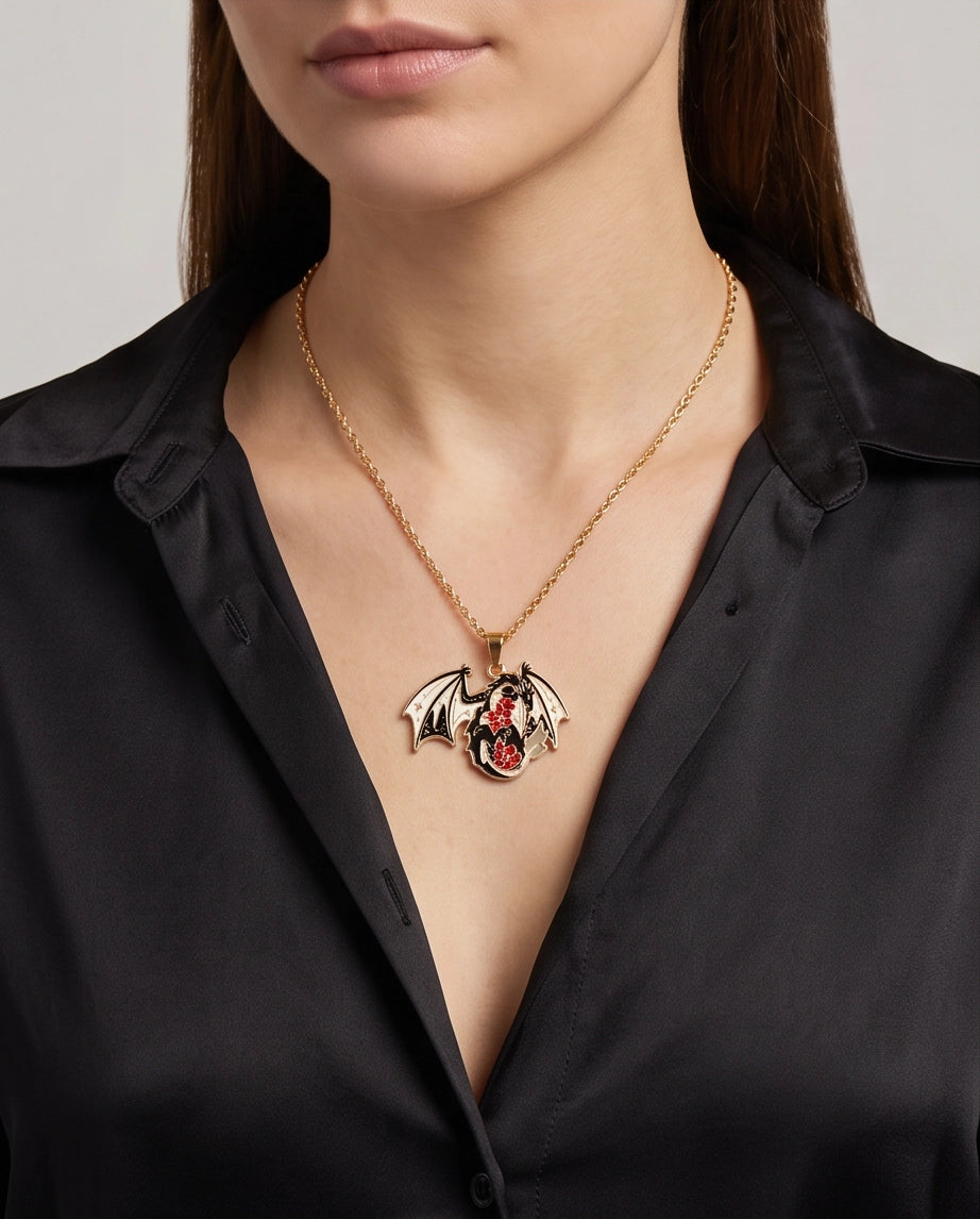 Gold Floral Dragon Black & White Enamel Pendant Necklace
