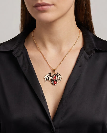 Gold Floral Dragon Black & White Enamel Pendant Necklace