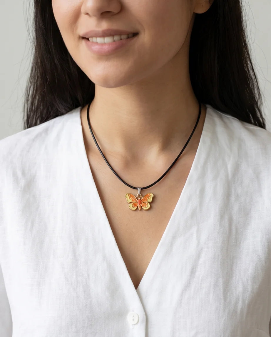 Orange & Yellow Enamel Butterfly Pendant Necklace
