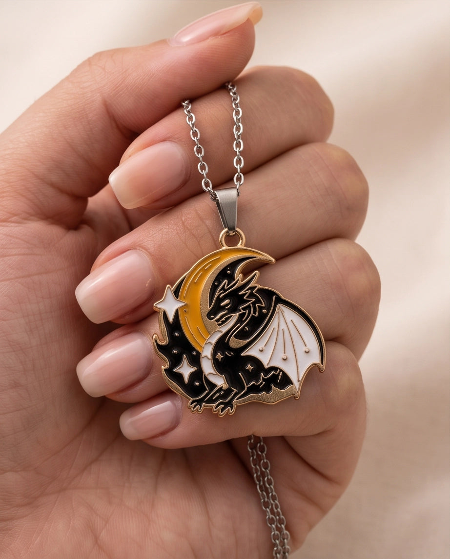 Gold Celestial Crescent Moon Dragon Enamel Pendant Necklace