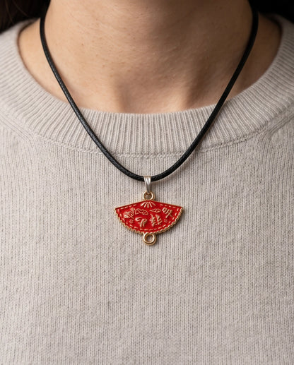 Crimson Calligraphy Fan Pendant Necklace