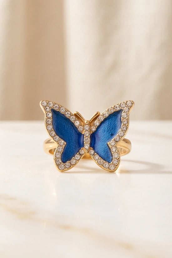 Gold Plated Royal Blue Enamel Butterfly Statement Ring