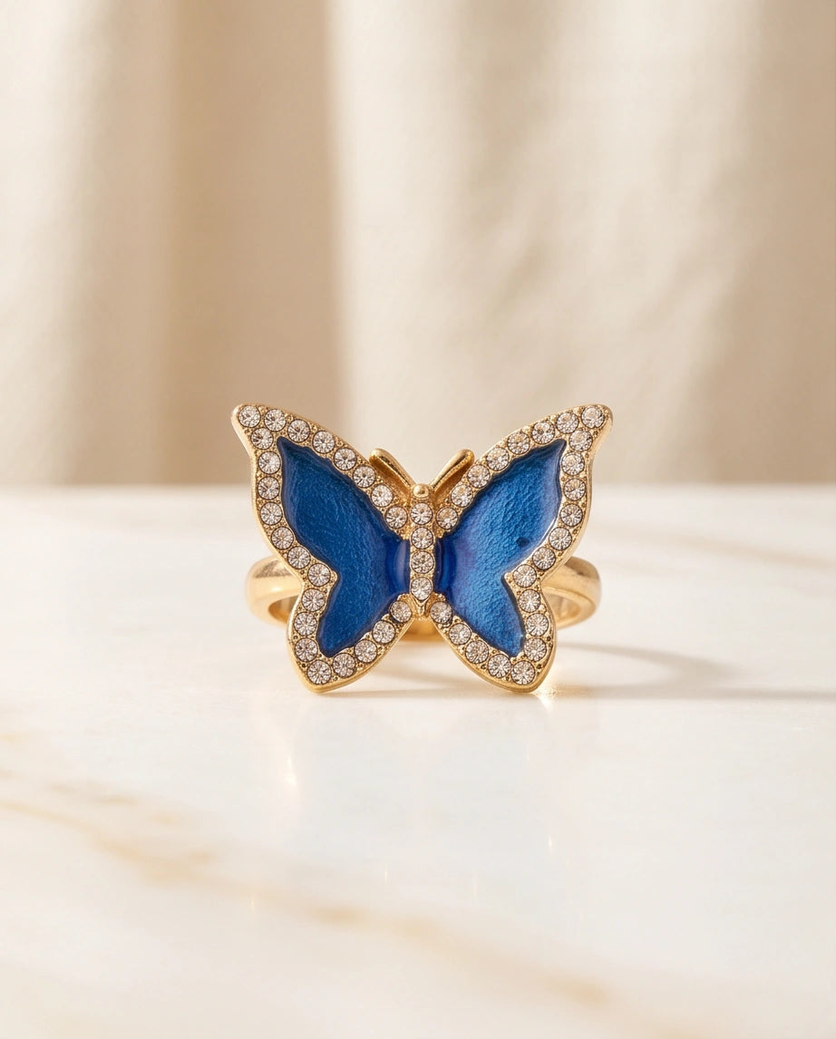 Gold Plated Royal Blue Enamel Butterfly Statement Ring