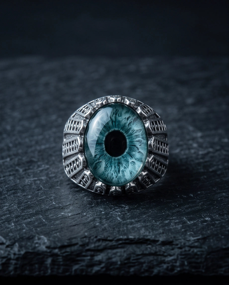 Teal-Grey Evil Eye Cabochon Architectural Bezel Silver Ring