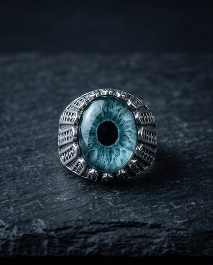Teal-Grey Evil Eye Cabochon Architectural Bezel Silver Ring