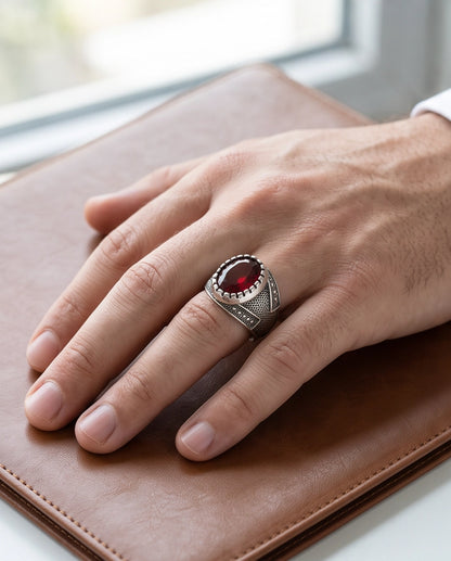 Ruby Gemstone Notched Bezel Stippled Silver Ring